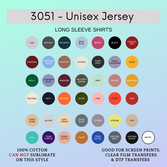 Bella Canvas 3051 Long Sleeve Color/Size Chart