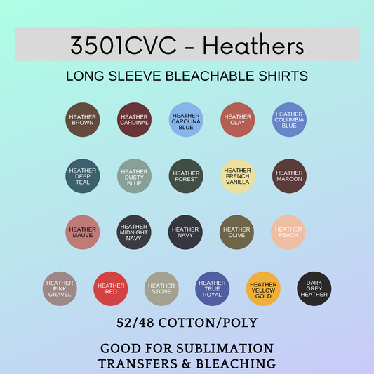 Bella Canvas 3501CVC Long Sleeve Color/Size Chart
