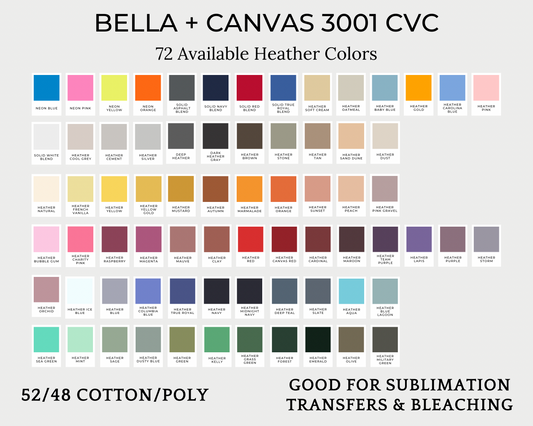 Bella Canvas 3001 CVC Color/Size Chart