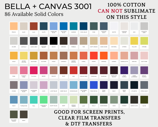 Bella Canvas 3001 Color/Size Chart
