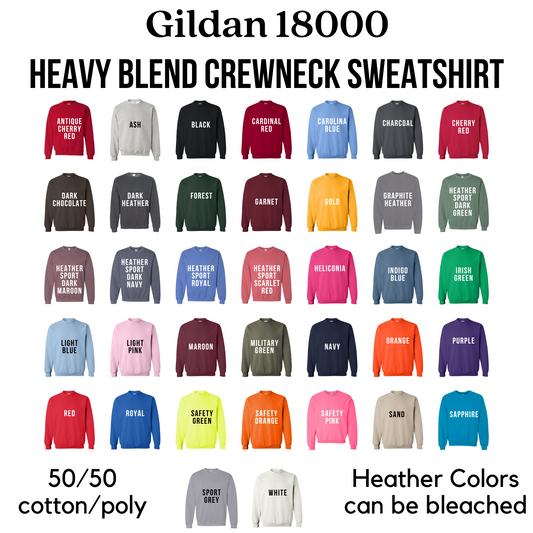 Gildan 18000 Crewneck Sweatshirt Color/Size Chart