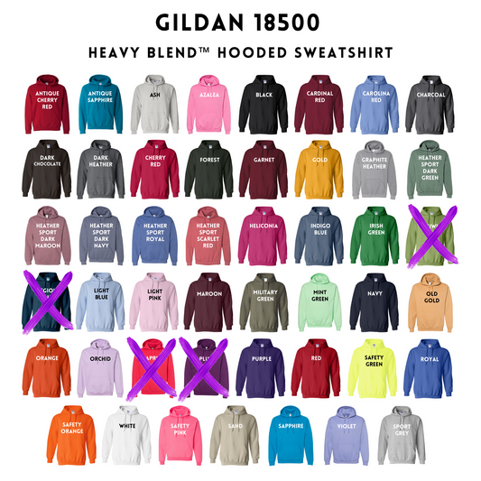 Gildan 18500 Hoodie Color/Size Chart