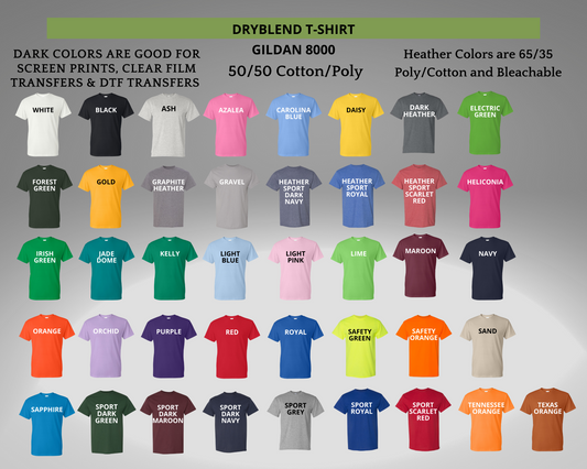Gildan DryBlend 50/50 Color/Size Chart