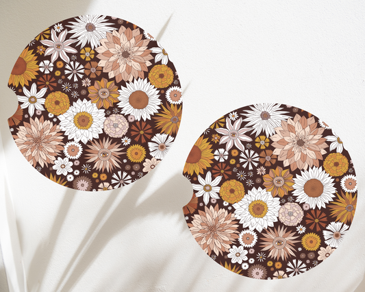 Retro Flowers Car Coaster Set