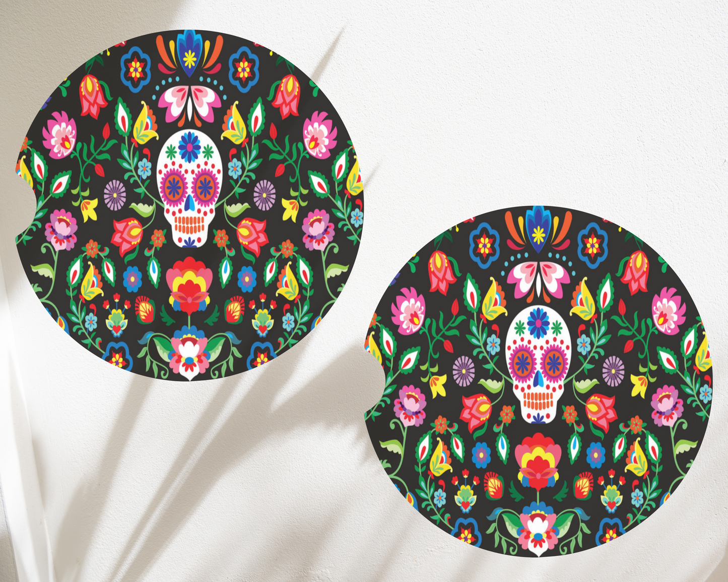 Sugar Skull/Floral Car Coaster Set