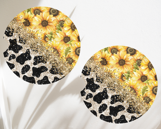 Sunflower & Cow Print Car Coaster Set